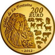 France 200 Euro Year of the Dragon 2012 (a) Proof KM# 1926 FABLES DE LA FONTAINE 200 EURO 2012 coin reverse France 200 Euro Year of the Dragon 2012 (a) Proof KM# 1926 FABLES DE LA FONTAINE 200 EURO 2012 coin reverse