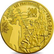 France 200 Euro Christmas Truce 2015 Proof KM# 2238 LES FRATERNISÉS 1915-2015 200 EURO coin reverse France 200 Euro Christmas Truce 2015 Proof KM# 2238 LES FRATERNISÉS 1915-2015 200 EURO coin reverse