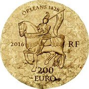 France 200 Euro Jean d'Arc 2016 Proof KM# 2355 ORLEANS 1428 2016 RF 200 EURO coin obverse France 200 Euro Jean d'Arc 2016 Proof KM# 2355 ORLEANS 1428 2016 RF 200 EURO coin obverse