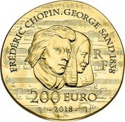France 200 Euro George Sand 2018  Proof KM# 2541 FRÉDÉRIC CHOPIN. GEORGE SAND 1838 200 EURO 2018 RF coin obverse