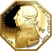 France 200 Euro Lafayette 2020  Proof M.IS DE LA FAYETTE M.AL DE CAMP COM.DANT G.AL DE LA G.DE NA.LE PAR.NE 200 EURO RF DUMAREST.F coin obverse