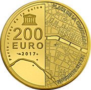 France 200 Euro (National Assembly and Place of Concorde) KM# 2447 PARIS, RIVES DE LA SEINE UNESCO 200 EURO 2017 PLACE DE LA CONCORDE PALAIS BOURBON coin reverse