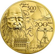 France 200 Euro Renaissance Era 2019  Proof KM# 2833 LEONARDO DA VINCI 500 ANS 200 EURO coin reverse