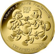 France 200 Euro (The Circle of Smurfs) KM# 2919 LIBERTÉ ÉGALITÉ FRATERNITÉ RF LES SCHTROUMPFS TM coin reverse France 200 Euro (The Circle of Smurfs) KM# 2919 LIBERTÉ ÉGALITÉ FRATERNITÉ RF LES SCHTROUMPFS TM coin reverse