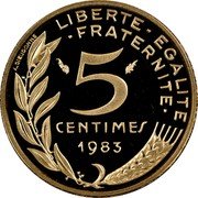 France 5 Centimes KM# P759 Modern Republic A.DIEUDONNE LIBERTE EGALITE FRATERNITE 5 CENTIMES 1983 coin reverse France 5 Centimes KM# P759 Modern Republic A.DIEUDONNE LIBERTE EGALITE FRATERNITE 5 CENTIMES 1983 coin reverse