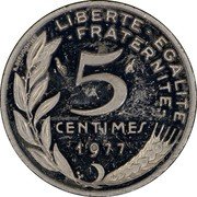 France 5 Centimes (Marianne Piedfort) A.DIEUDONNE LIBERTE EGALITE FRATERNITE 5 CENTIMES 1977 coin reverse France 5 Centimes (Marianne Piedfort) A.DIEUDONNE LIBERTE EGALITE FRATERNITE 5 CENTIMES 1977 coin reverse