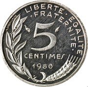 France 5 Centimes Marianne. Piedfort 1980 KM# P657 A.DIEUDONNE LIBERTE EGALITE FRATERNITE 5 CENTIMES 1977 coin reverse