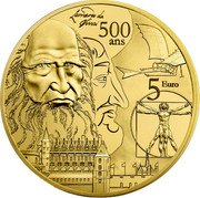France 5 Euro Renaissance Era 2019  Proof KM# 2757 LEONARDO DA VINCI 500 ANS 5 EURO coin reverse