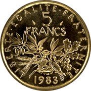 France 5 Francs KM# P780 Modern Republic REPUBLIQUE FRANÇAISE D'APRÈS O. ROTY coin reverse