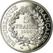 France 5 Francs Hercules. 200th Anniversary of French Franc. Essai 1996 RÉPUBLIQUE FRANÇAISE 5 FRANCS 1996 coin obverse France 5 Francs Hercules. 200th Anniversary of French Franc. Essai 1996 RÉPUBLIQUE FRANÇAISE 5 FRANCS 1996 coin obverse