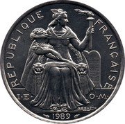 France 5 Francs (Liberty. New Caledonia) KM# 16 REPUBLIQUE FRANÇAISE I E O M G.B.BAZOR 1989 coin obverse France 5 Francs (Liberty. New Caledonia) KM# 16 REPUBLIQUE FRANÇAISE I E O M G.B.BAZOR 1989 coin obverse