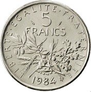 France 5 Francs Piedfort 1984 KM# P911 LIBERTE EGALITE FRATERNITE 5 FRANCS 1984 coin reverse France 5 Francs Piedfort 1984 KM# P911 LIBERTE EGALITE FRATERNITE 5 FRANCS 1984 coin reverse