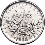 France 5 Francs Piedfort. 1984 KM# P914 LIBERTE EGALITE FRATERNITE 5 FRANCS 1984 coin reverse France 5 Francs Piedfort. 1984 KM# P914 LIBERTE EGALITE FRATERNITE 5 FRANCS 1984 coin reverse