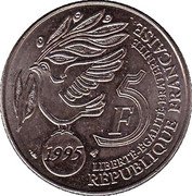 France 5 Francs (United Nations) KM# 1118b F5 1995 LIBERTÉ-ÉGALITÉ-FRATERNITÉ RÉPUBLIQUE FRANÇAISE coin obverse France 5 Francs (United Nations) KM# 1118b F5 1995 LIBERTÉ-ÉGALITÉ-FRATERNITÉ RÉPUBLIQUE FRANÇAISE coin obverse