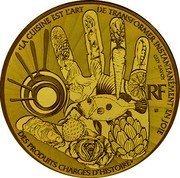 France 50 Euro Chef Guy Savoy 2017  Proof KM# 2413 "LA CUISINE EST L'ART DE TRANSFORMER INSTANTANÉMENT EN JOIE DES PRODUITS CHARGES D'HISTOIRE" RF GUY SAVOY coin obverse