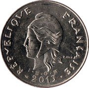 France 50 Francs (Marianne. New Caledonia) KM# 13a RÉPUBLIQUE FRANÇAISE R JOLY I E O M 2013 coin obverse