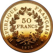 France 50 Francs (Piedfort Issue) RÉPUBLIQUE FRANÇAISE 50 FRANCS 1975 coin obverse France 50 Francs (Piedfort Issue) RÉPUBLIQUE FRANÇAISE 50 FRANCS 1975 coin obverse