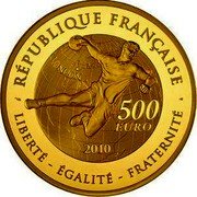 France 500 Euro Handball 2010 Proof KM# 1718 RÉPUBLIQUE FRANÇAISE LIBERTÉ ÉGALITÉ FRATERNITÉ 500 EURO 2010 LONDON coin obverse France 500 Euro Handball 2010 Proof KM# 1718 RÉPUBLIQUE FRANÇAISE LIBERTÉ ÉGALITÉ FRATERNITÉ 500 EURO 2010 LONDON coin obverse