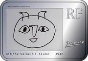 France 500 Euro Pablo Picasso 2010 Proof KM# 1712 © SUCCESSION PICASSO 2010 RF PICASSO AFFICHE VALLAURIS, FAUNE 1948 coin obverse France 500 Euro Pablo Picasso 2010 Proof KM# 1712 © SUCCESSION PICASSO 2010 RF PICASSO AFFICHE VALLAURIS, FAUNE 1948 coin obverse