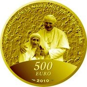 France 500 Euro Mother Teresa 2010 Proof KM# 1692 CENTENAIRE DE LA NAISSANCE DE MÈRE TERESA 500 EURO 2010 coin reverse France 500 Euro Mother Teresa 2010 Proof KM# 1692 CENTENAIRE DE LA NAISSANCE DE MÈRE TERESA 500 EURO 2010 coin reverse