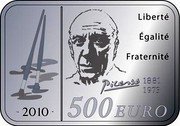 France 500 Euro Pablo Picasso 2010 Proof KM# 1712 LIBERTÉ ÉGALITÉ FRATERNITÉ PICASSO 1881 1973 2010 500 EURO coin reverse France 500 Euro Pablo Picasso 2010 Proof KM# 1712 LIBERTÉ ÉGALITÉ FRATERNITÉ PICASSO 1881 1973 2010 500 EURO coin reverse