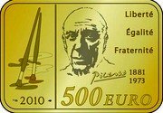 France 500 Euro Pablo Picasso 2010 Proof KM# 1710 LIBERTÉ ÉGALITÉ FRATERNITÉ PICASSO 1881 1973 2010 500 EURO coin reverse France 500 Euro Pablo Picasso 2010 Proof KM# 1710 LIBERTÉ ÉGALITÉ FRATERNITÉ PICASSO 1881 1973 2010 500 EURO coin reverse