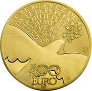 France 500 Euro 70 Years of Peace in Europe 2015 Proof KM# 2260 AT BE BG CY CZ DE DK EE EL ES FI FR HR HU IE IT LT LU LV MT NL PL PT RO SE SI SK UK 500 EURO RF coin obverse France 500 Euro 70 Years of Peace in Europe 2015 Proof KM# 2260 AT BE BG CY CZ DE DK EE EL ES FI FR HR HU IE IT LT LU LV MT NL PL PT RO SE SI SK UK 500 EURO RF coin obverse