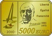 France 5000 Euro Pablo Picasso 2010 Proof KM# 1709 LIBERTÉ EGALITÉ FRATERNITÉ 1881 1973 PICASSO 5000 EURO 2010 coin reverse