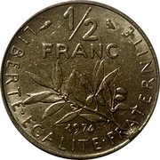 France 1/2 Franc (Piedfort -O. Roty) LIBERTE EGALITE FRATERNITE 1/2 FRANC 1974 coin reverse France 1/2 Franc (Piedfort -O. Roty) LIBERTE EGALITE FRATERNITE 1/2 FRANC 1974 coin reverse