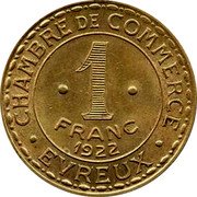 France 1 Franc (Chamber of Commerce. Commune of Evreux) CHAMBRE DE COMMERCE EVREUX 1 FRANC 1922 coin reverse