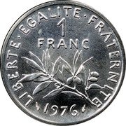 France 1 Franc The Sower 1976 KM# P554 LIBERTE EGALITE FRATERNITE 1 FRANC 1976 coin reverse