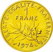 France 1 Franc (O. Roty - Piedfort) KM# P502 1 FRANC LIBERTE EGALITE FRATERNITE 1974 coin obverse France 1 Franc (O. Roty - Piedfort) KM# P502 1 FRANC LIBERTE EGALITE FRATERNITE 1974 coin obverse