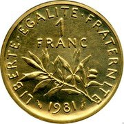 France 1 Franc O. Roty - Piedfort 1981 KM# P701 LIBERTE EGALITE FRATERNITE 1 FRANC 1981 coin reverse France 1 Franc O. Roty - Piedfort 1981 KM# P701 LIBERTE EGALITE FRATERNITE 1 FRANC 1981 coin reverse