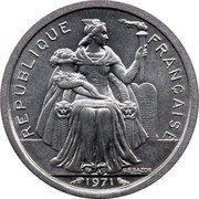 France 1 Franc New Caledonia. Without IEOM 1971  KM# 8 REPUBLIQUE FRANÇAISE G.B.BAZOR 1971 coin obverse