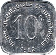 France 10 Centimes (Commune of Bayeux) UNION COMMERCIALE ET INDUSTRIELLE 10 C. 1922 coin reverse France 10 Centimes (Commune of Bayeux) UNION COMMERCIALE ET INDUSTRIELLE 10 C. 1922 coin reverse