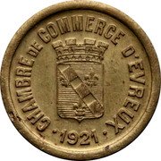 France 10 Centimes Commune of Evreux. Pattern 1921  PATTERN CHAMBRE DE COMMERCE D'EVREUX 1921 coin obverse France 10 Centimes Commune of Evreux. Pattern 1921  PATTERN CHAMBRE DE COMMERCE D'EVREUX 1921 coin obverse