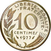France 10 Centimes (Piedfort) KM# P573 LIBERTE EGALITE FRATERNITE 10 CENTIMES 1977 A. DIEUDONNE coin reverse