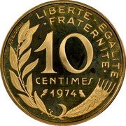 France 10 Centimes Piedfort. Marianne 1974  (fr) F. 144/14P KM# P493 LIBERTE EGALITE FRATERNITE 10 CENTIMES 1979 A. DIEUDONNE coin reverse