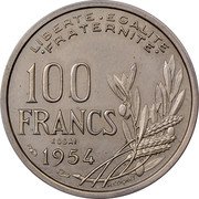 France 100 Francs Essai 1954 KM# E97 LIBERTE EGALITE FRATERNITE 100 FRANCS ESSAI 1954 R. COCHET coin obverse France 100 Francs Essai 1954 KM# E97 LIBERTE EGALITE FRATERNITE 100 FRANCS ESSAI 1954 R. COCHET coin obverse