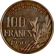 France 100 Francs Essai by Cochet 1950 KM# AE96 100 FRANCS 1950 R.COCHET ESSAI LIBERTE EGALITE FRATERNITE coin reverse France 100 Francs Essai by Cochet 1950 KM# AE96 100 FRANCS 1950 R.COCHET ESSAI LIBERTE EGALITE FRATERNITE coin reverse