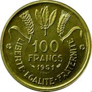 France 100 Francs (Essai by Guiraud) 100 FRANCS 1951 ESSAI LIBERTE EGALITE FRATERNITE coin reverse France 100 Francs (Essai by Guiraud) 100 FRANCS 1951 ESSAI LIBERTE EGALITE FRATERNITE coin reverse