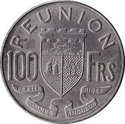 France 100 Francs (Essai) KM# E10 REUNION 100 FRS PRAETER OMNES ANGULUS RIDET coin reverse France 100 Francs (Essai) KM# E10 REUNION 100 FRS PRAETER OMNES ANGULUS RIDET coin reverse