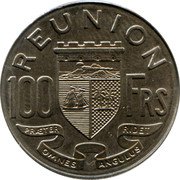 France 100 Francs KM# 13 Reunion REUNION 100 FRS PRÆTER OMNES ANGULUS RIDET coin reverse