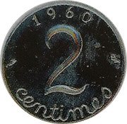 France 2 Centimes Double Reverse 1960  (fr) 2 exemplaires connus 1960 2 CENTIMES coin obverse