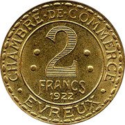 France 2 Francs Chamber of Commerce. Commune of Evreux 1922 CHAMBRE DE COMMERCE EVREUX 2 FRANCS 1922 coin reverse