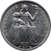 France 2 Francs New Caledonia 1971  KM# 9 REPUBLIQUE FRANÇAISE G.B.BAZOR 1971 coin obverse