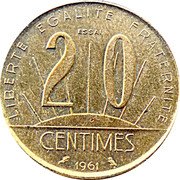 France 20 Centimes Essai 1961  LIBERTE EGALITE FRATERNITE ESSAI 20 CENTIMES 1961 coin reverse France 20 Centimes Essai 1961  LIBERTE EGALITE FRATERNITE ESSAI 20 CENTIMES 1961 coin reverse