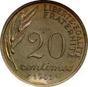 France 20 Centimes (Essai by Baron) LIBERTE . EGALITE FRATERNITE ESSAI 20 CENTIMES 1961 coin reverse France 20 Centimes (Essai by Baron) LIBERTE . EGALITE FRATERNITE ESSAI 20 CENTIMES 1961 coin reverse