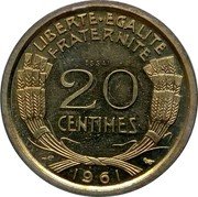 France 20 Centimes (Essai by Cochet) LIBERTE EGALITE FRATERNITÉ ESSAI 20 CENTIMES 1961 coin reverse France 20 Centimes (Essai by Cochet) LIBERTE EGALITE FRATERNITÉ ESSAI 20 CENTIMES 1961 coin reverse