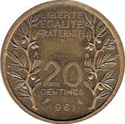 France 20 Centimes (Essai) KM# E105 LIBERTE EGALITE FRATERNITE ESSAI 20 CENTIMES 1961 coin reverse France 20 Centimes (Essai) KM# E105 LIBERTE EGALITE FRATERNITE ESSAI 20 CENTIMES 1961 coin reverse